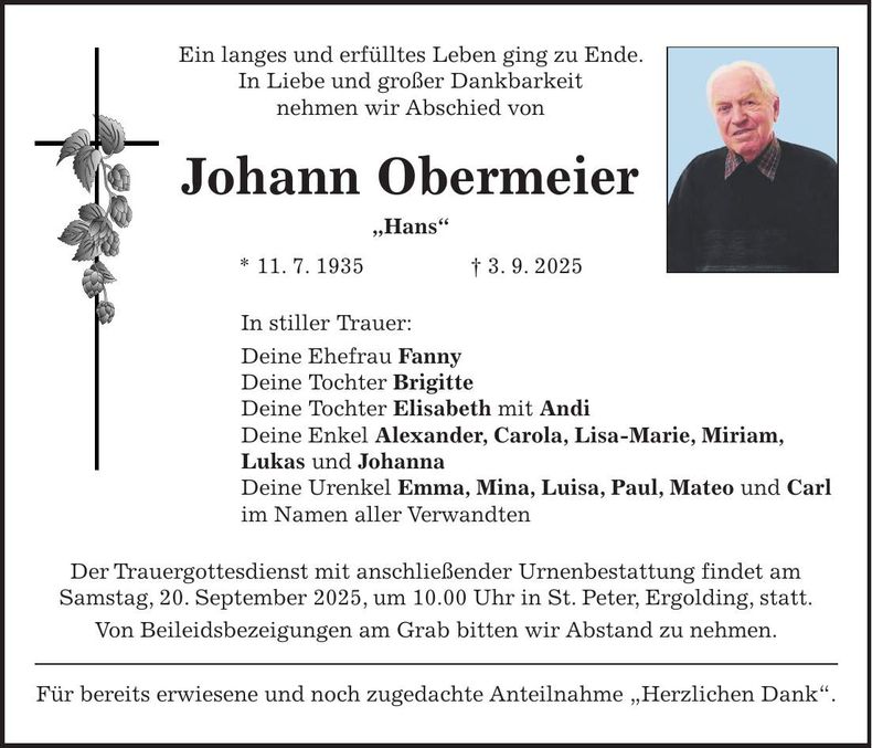 Traueranzeige Johann Obermeier
