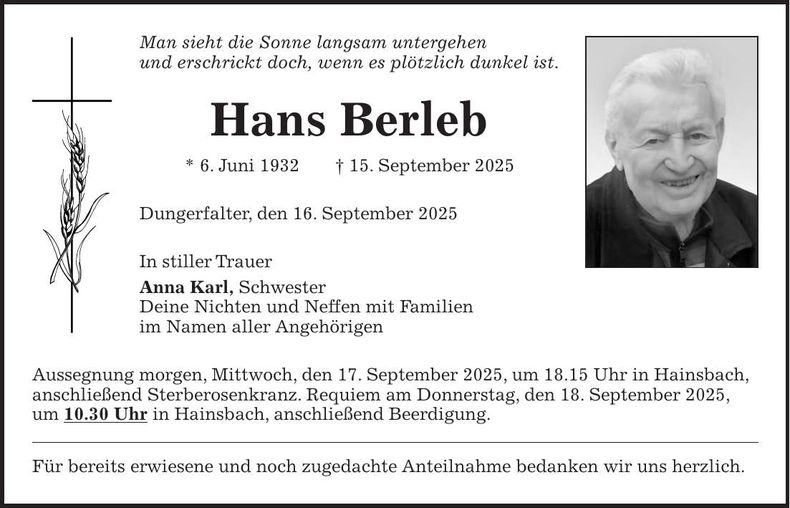 Traueranzeige Hans Berleb