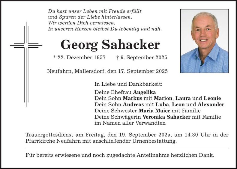 Traueranzeige Georg Sahacker