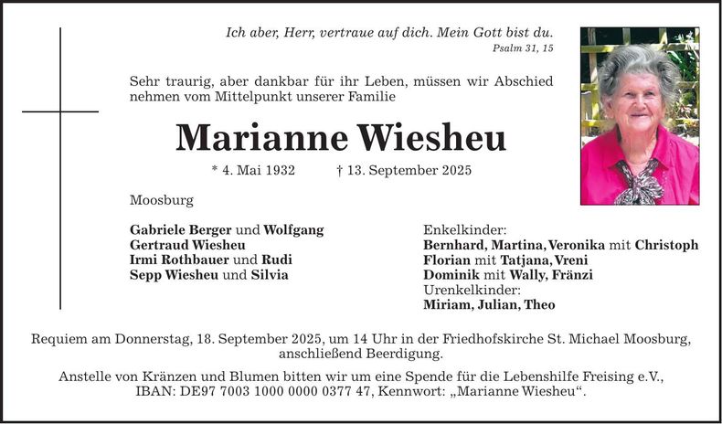 Traueranzeige Marianne Wiesheu