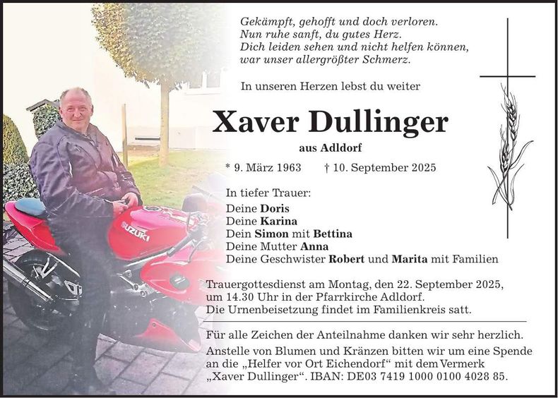 Traueranzeige Xaver Dullinger