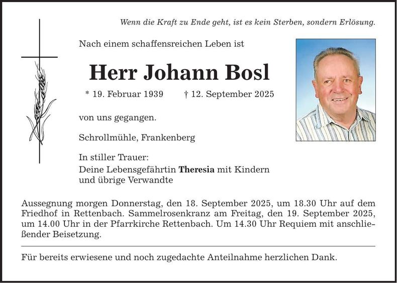 Traueranzeige Johann Bosl