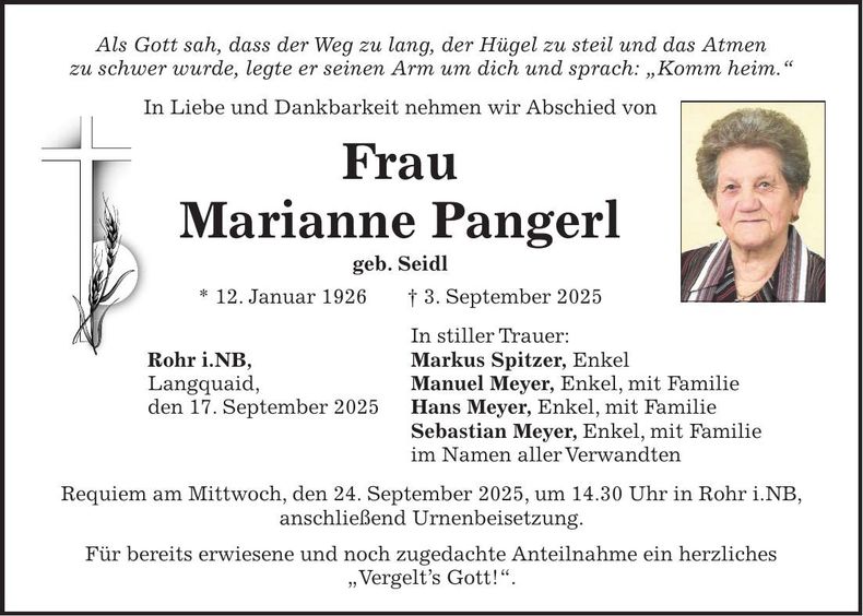 Traueranzeige Marianne Pangerl