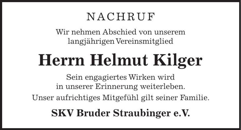 Traueranzeige Helmut Kilger