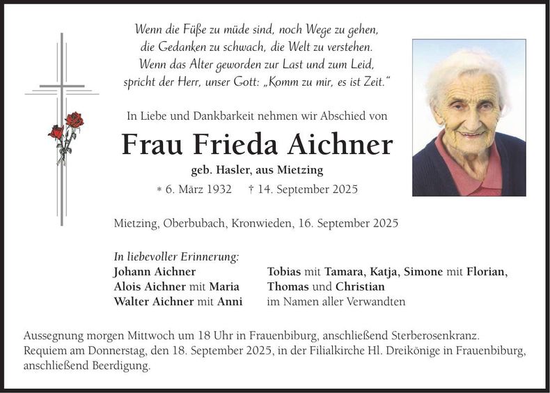 Traueranzeige Frieda Aichner