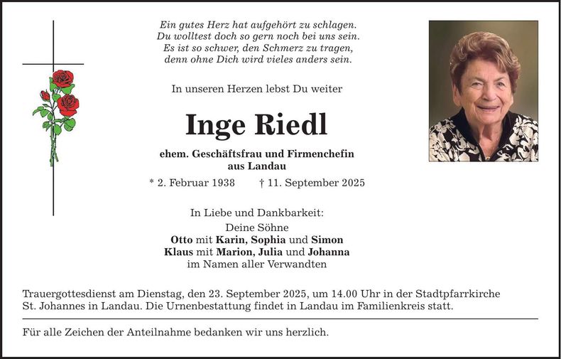 Traueranzeige Inge Riedl