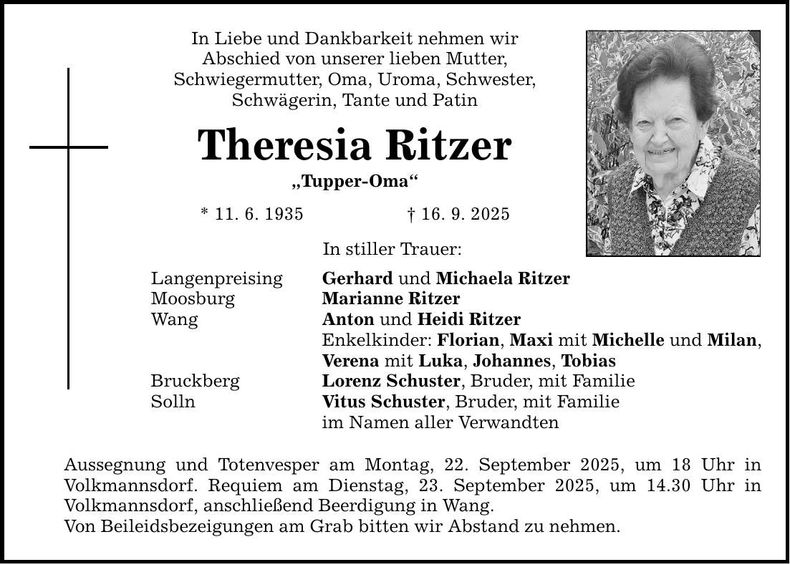 Traueranzeige Theresia Ritzer