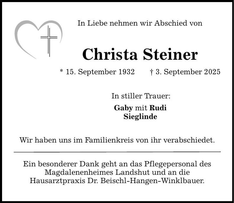 Traueranzeige Christa Steiner