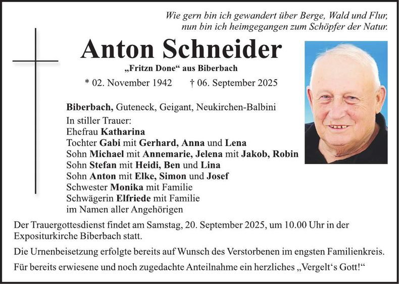 Traueranzeige Anton Schneider