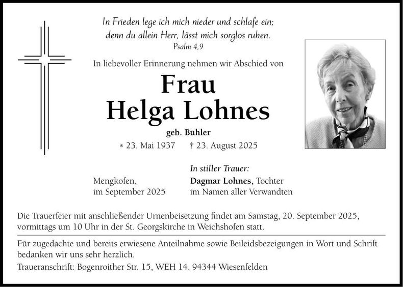 Traueranzeige Helga Lohnes