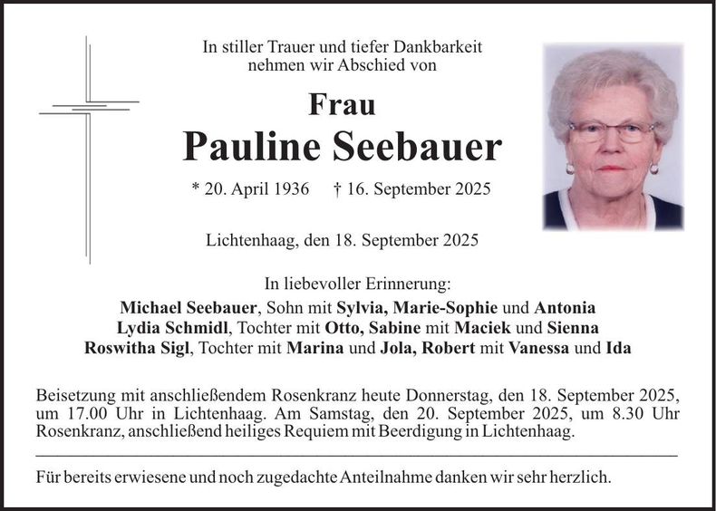 Traueranzeige Pauline Seebauer