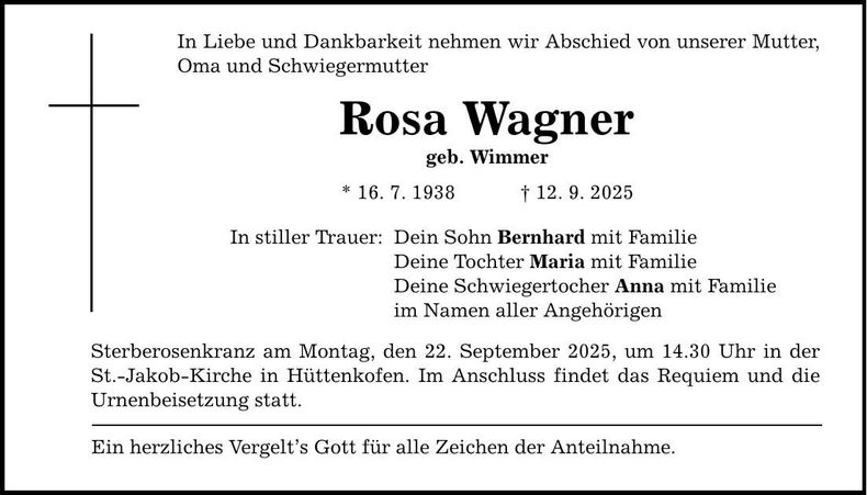 Traueranzeige Rosa Wagner