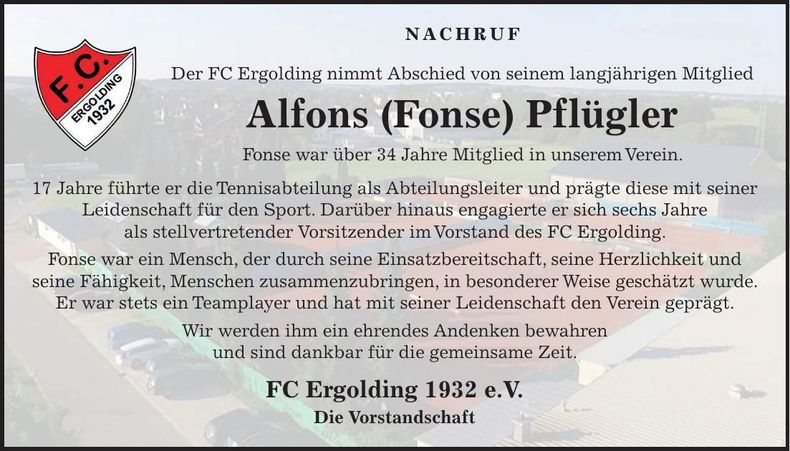 Traueranzeige Alfons Pflügler