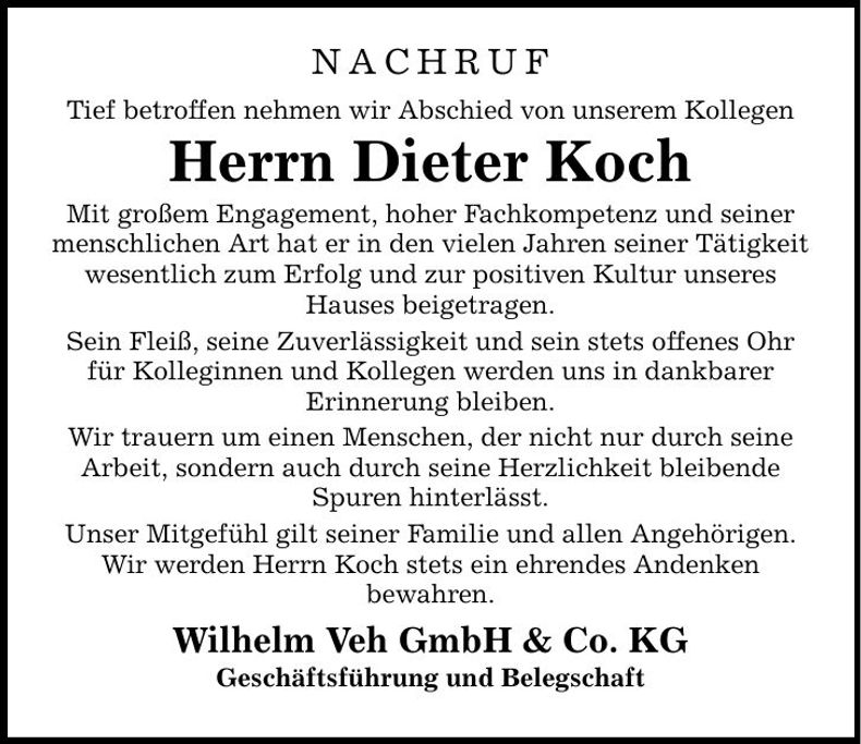 Traueranzeige Dieter Koch