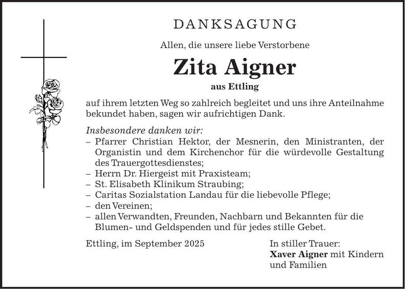 Traueranzeige Zita Aigner