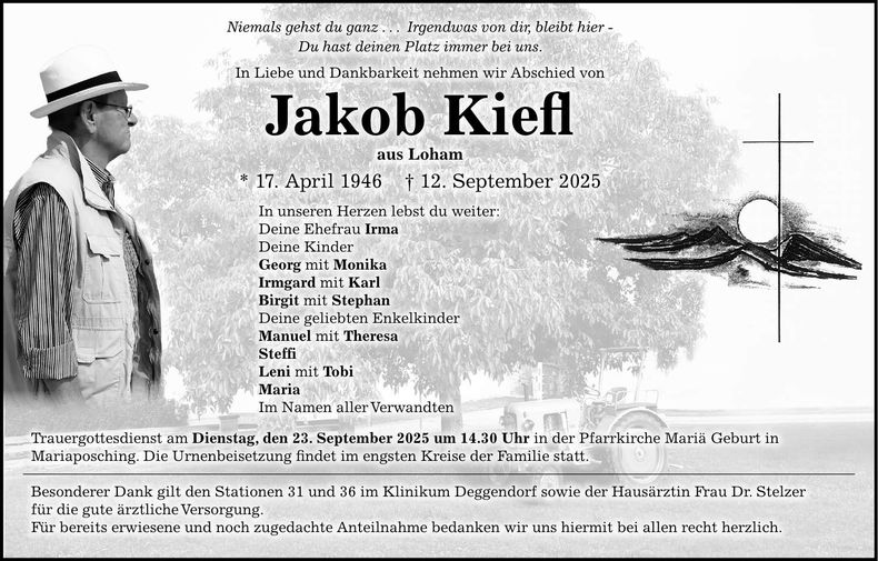 Traueranzeige Jakob Kiefl