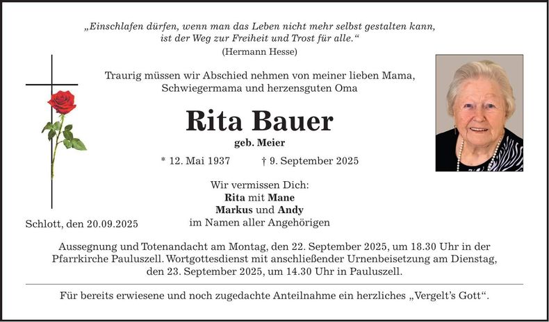 Traueranzeige Rita Bauer