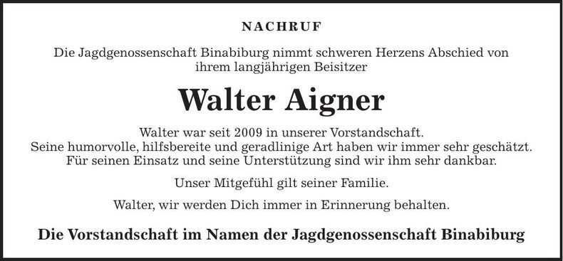 Traueranzeige Walter Aigner