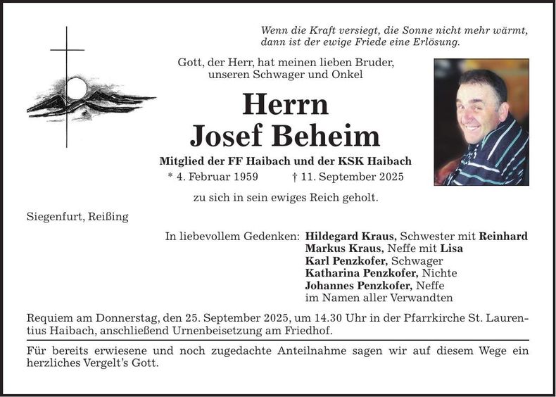 Traueranzeige Josef Beheim