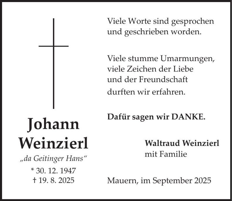 Traueranzeige Johann Weinzierl