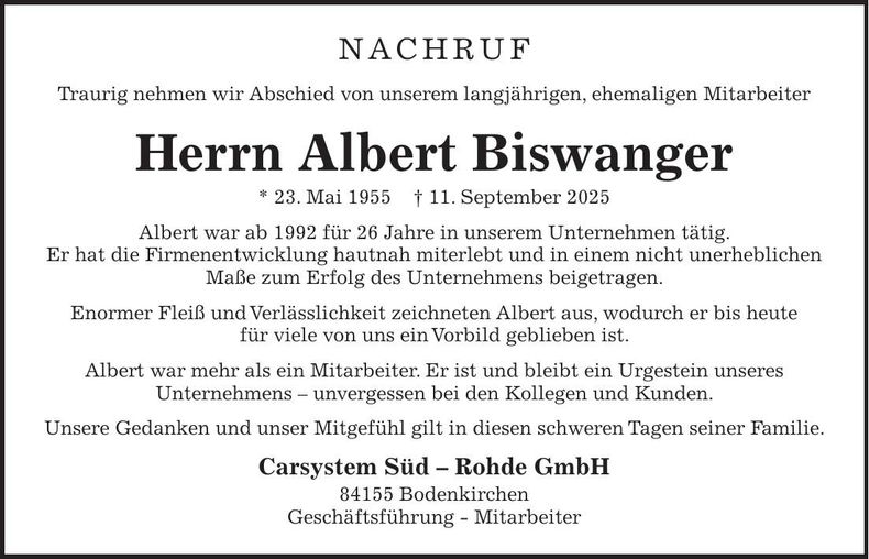 Traueranzeige Albert Biswanger
