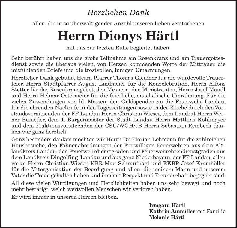 Traueranzeige Dionys Härtl