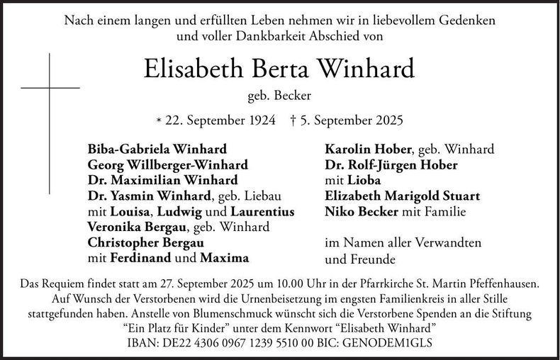 Traueranzeige Elisabeth Berta Winhard