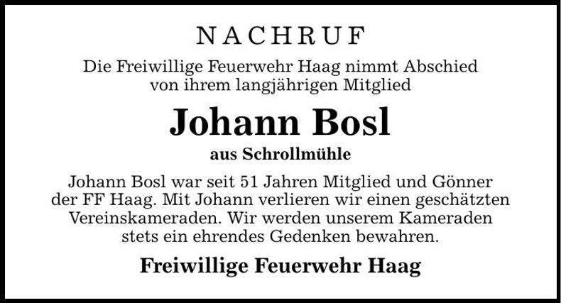 Traueranzeige Johann Bosl