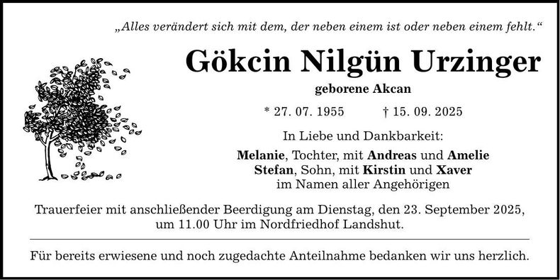 Traueranzeige Urzinger Gökcin