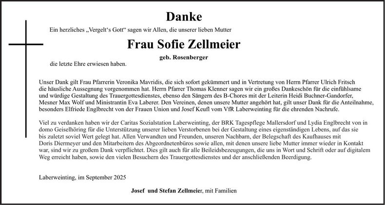 Traueranzeige Sofie Zellmeier