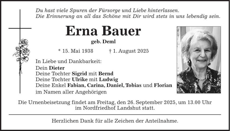 Traueranzeige Erna Bauer