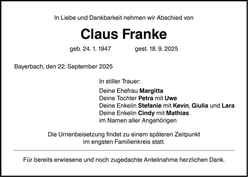Traueranzeige Claus Franke