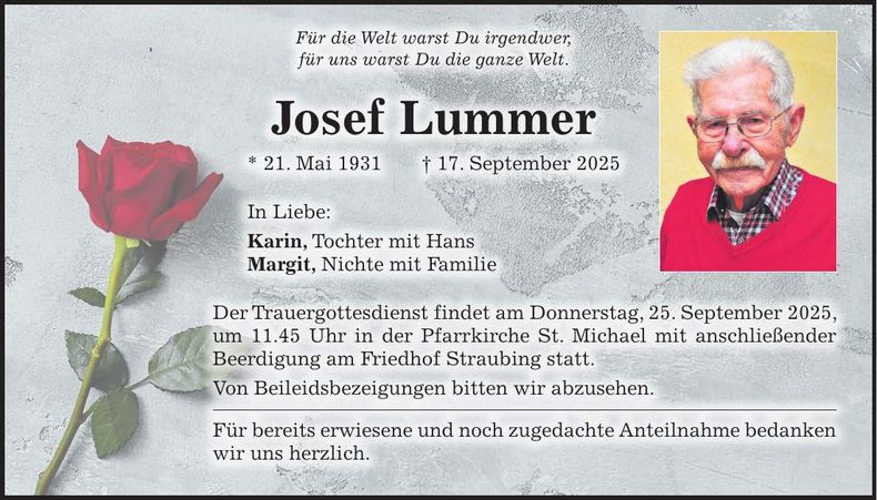 Traueranzeige Josef Lummer