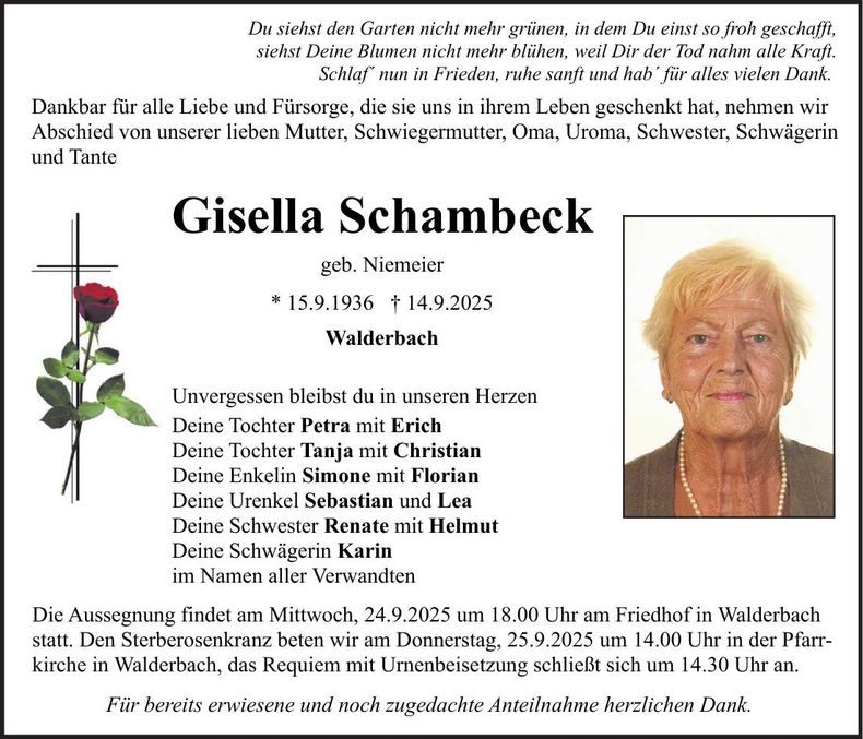 Traueranzeige Gisella Schambeck
