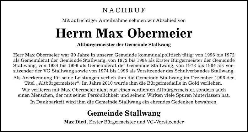 Traueranzeige Max Obermeier