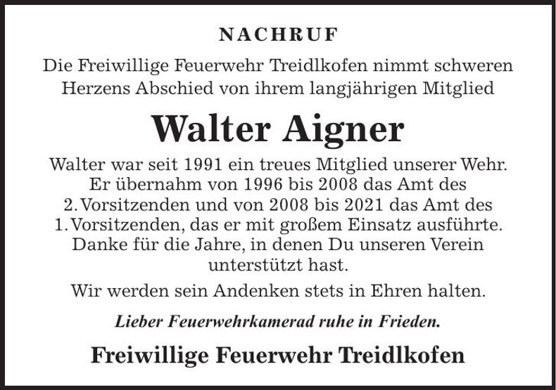 Traueranzeige Walter Aigner