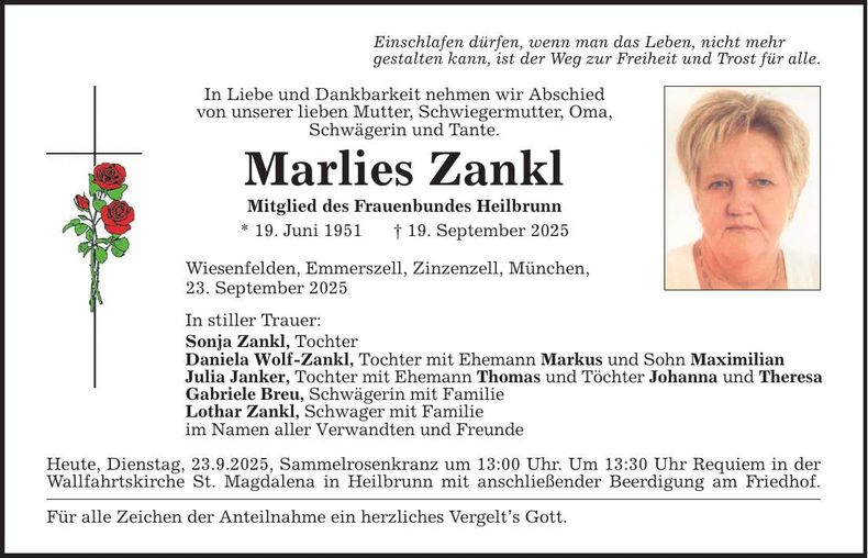 Traueranzeige Marlies Zankl