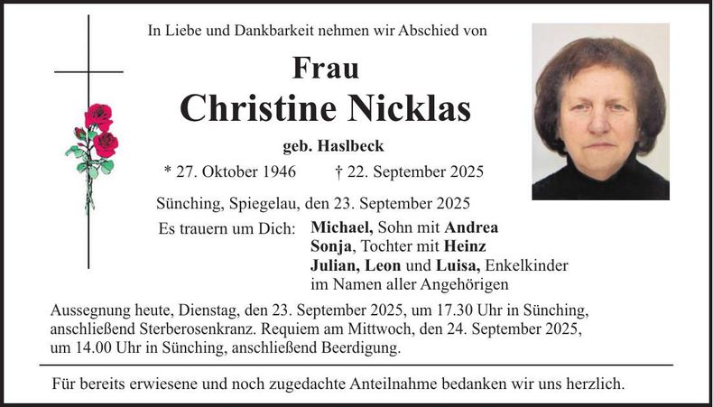 Traueranzeige Christine Nicklas