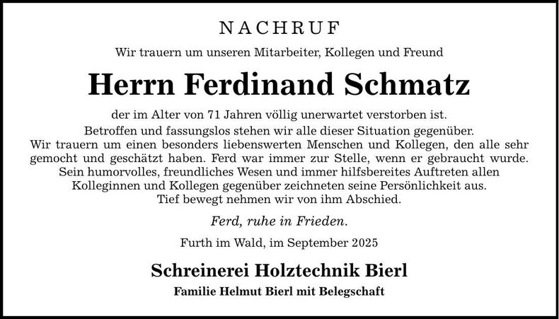 Traueranzeige Ferdinand Schmatz
