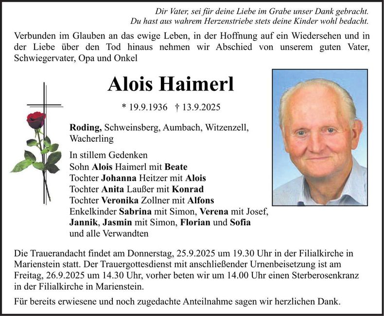 Traueranzeige Alois Haimerl