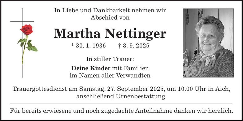 Traueranzeige Martha Nettinger