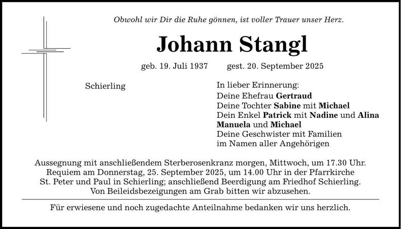 Traueranzeige Johann Stangl