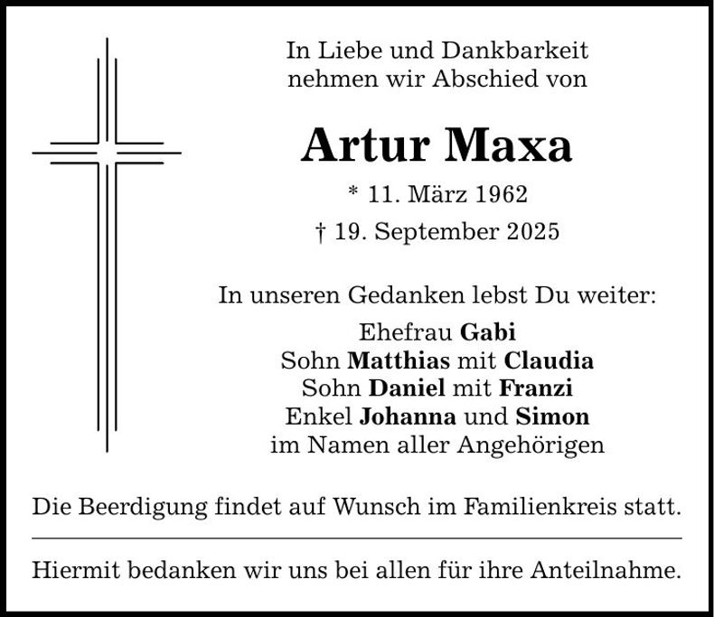 Traueranzeige Artur Maxa
