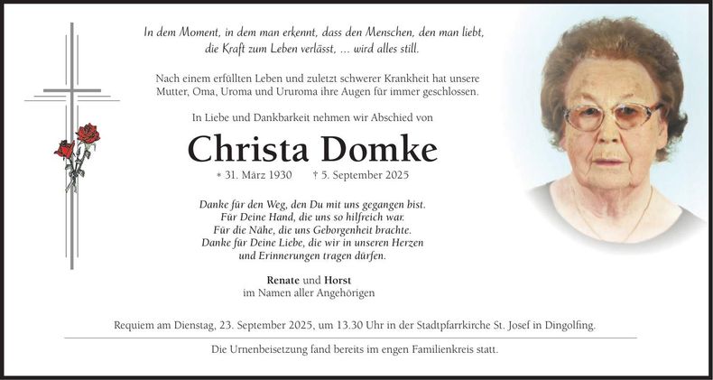 Traueranzeige Christa Domke