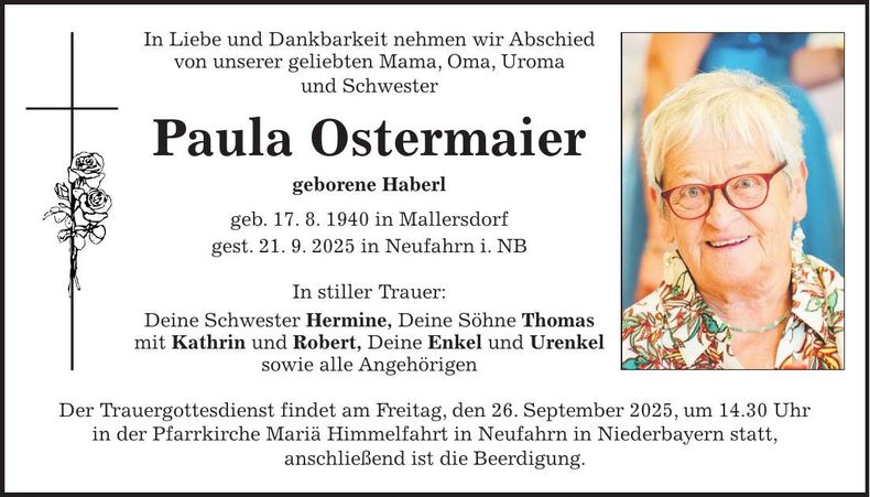 Traueranzeige Paula Ostermaier