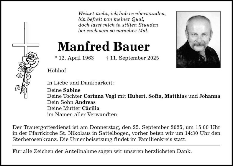 Traueranzeige Manfred Bauer