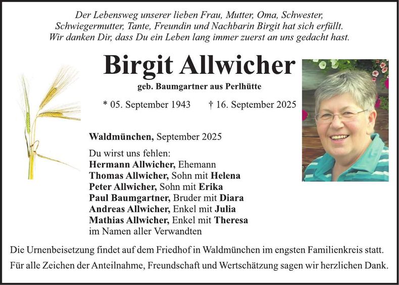 Traueranzeige Birgit Allwicher