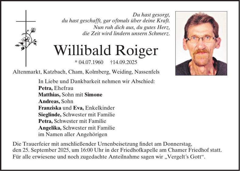 Traueranzeige Willibald Roiger