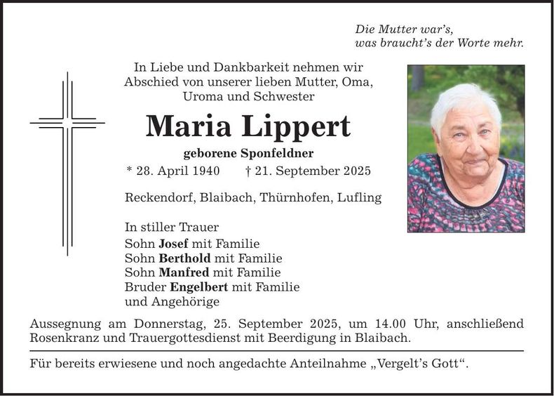 Traueranzeige Maria Lippert