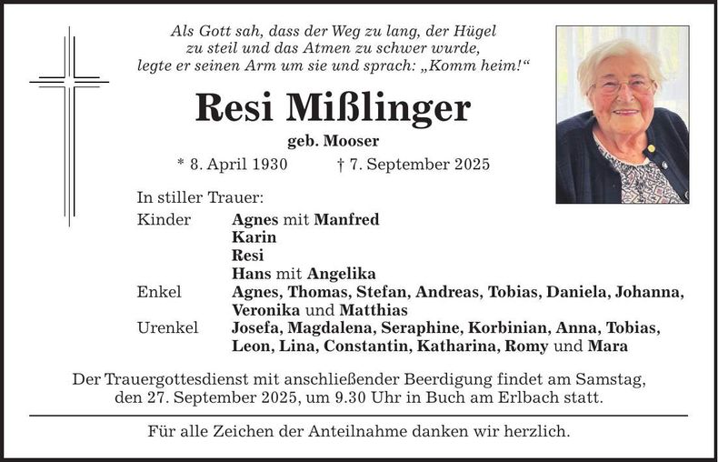 Traueranzeige Resi Mißlinger